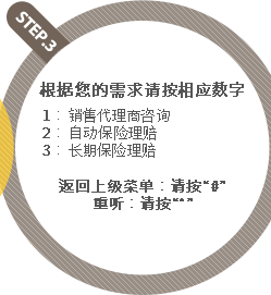 步骤3 - 根据您的需求请按相应数字. 销售代理商咨询  2:自动保险理赔 3:长期保险理赔 返回上级菜单：请按“#” 重听：请按“*” 
