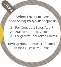 STEP3 - Select the numbeer according to your request. 1:For Consult a Sales Agent  2:Auto Insurance Claims 3:Long-term Insurace Claims. Previous Menu : Press '#','Pound'. Rewind : Press '*','Star'.