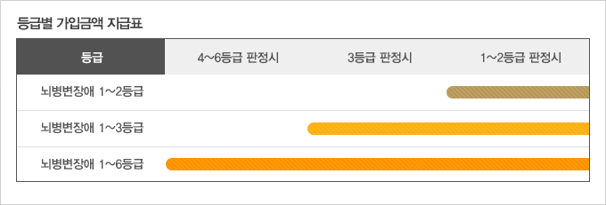 뇌병변장애 등급별 가입금액 지급 표 - 뇌병변장애진단비(1~6급),뇌병변장애진단비(1~3급) 과 뇌병변장애진단비(1~2급) 가입시, 뇌병변장애등급 4~6등급 판정시 뇌병변장애진단비(1~6급) 가입금액 지급. 뇌병변장애등급 3등급 판정시 뇌병변장애진단비(1~6급)과 뇌병변장애진단비(1~3급) 가입금액 지급. 뇌병변장애등급 1~2등급 판정시 뇌병변장애진단비(1~6급), 뇌병변장애진단비(1~3급)과 뇌병변장애진단비(1~2급) 가입금액 지급.