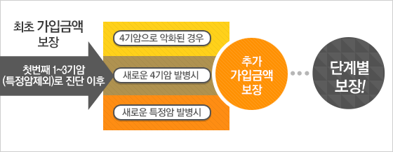 최초가입금액 보장 첫번째 진단 이후 4기암으로 악화된 경우,새로운 4기암 발병시, 새로운 특정암 발병시 추가가입금액보장 총1억원 보장