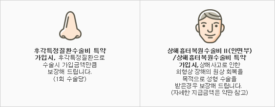 질병으로인한3대시각질환수술비 특약가입시, 약관에서 정한 3대시각질환으로 진단 확정되고 그 치료를 직접적인 목적으로 수술을 받은 경우 가입금액 만큼 보장해 드립니다.(1회 수술당), 시청각질환수술비 특약가입시, 시청각질환으로 수술시 가입금액 만큼 보장해 드립니다.(1회 수술당), 후각특정질환수술비 특약가입시, 후각특정질환으로 수술시 가입금액만큼 보장해 드립니다.(1회 수술당), 상해성형수술비 / 상해흉터복원수술비 특약가입시, 상해사고로 인한 외형상 장해의 원상회복을 목적으로 성형수술을 받은경우 보장해 드립니다.(자세한 지급금액은 약관 참고)