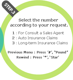 STEP3 - Select the numbeer according to your request. 1:For Consult a Sales Agent  2:Auto Insurance Claims 3:Long-term Insurace Claims. Previous Menu : Press '#','Pound'. Rewind : Press '*','Star'.